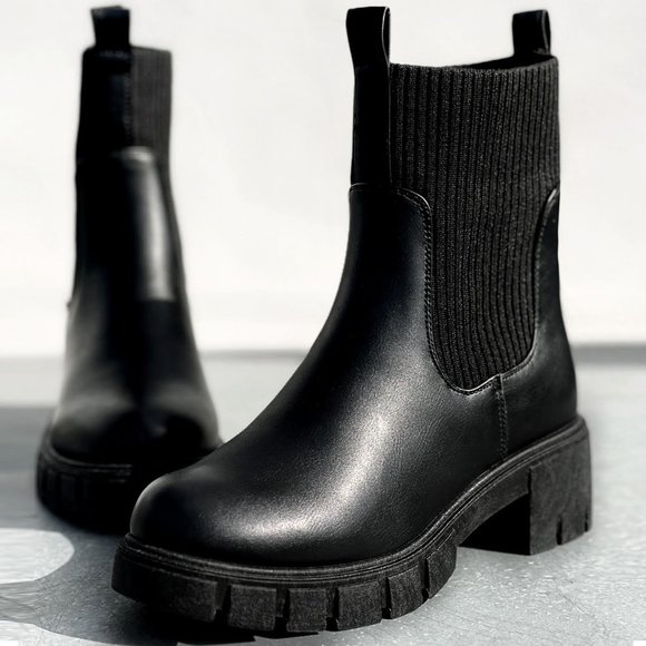 NEW Black Chunky Lug Sole Platform Elastic Cute Ankle Sock Boots Chelsea Bootie - Picture 1 of 11
